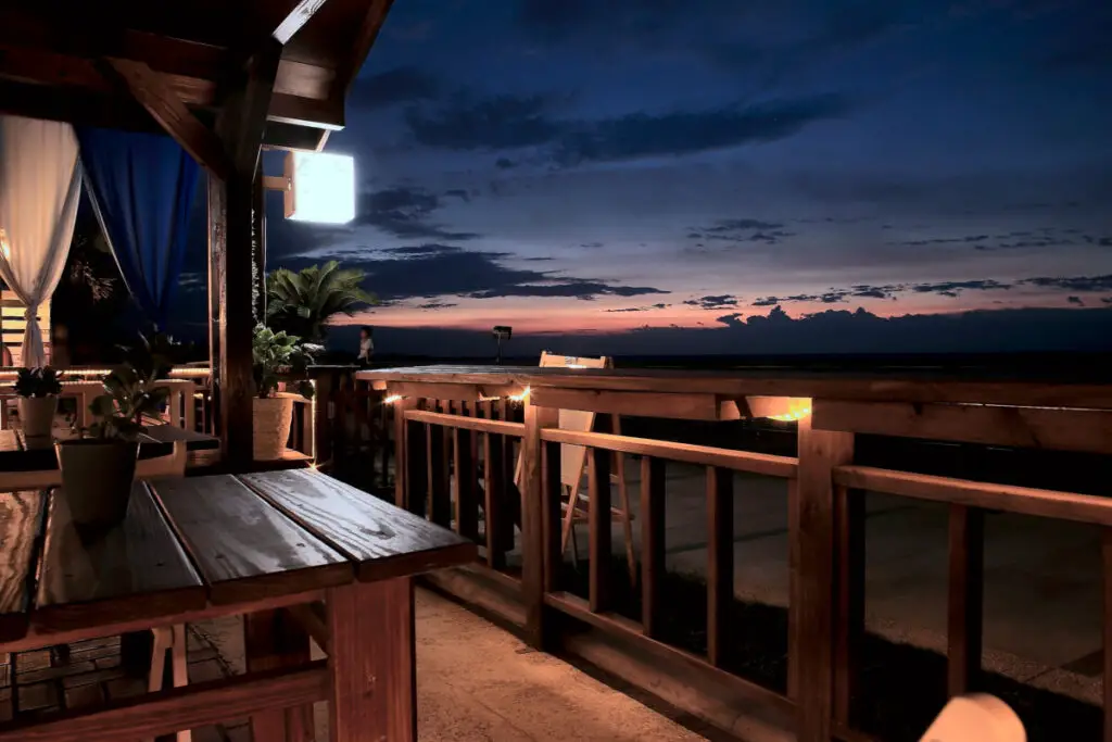 Wood deck at sunset.